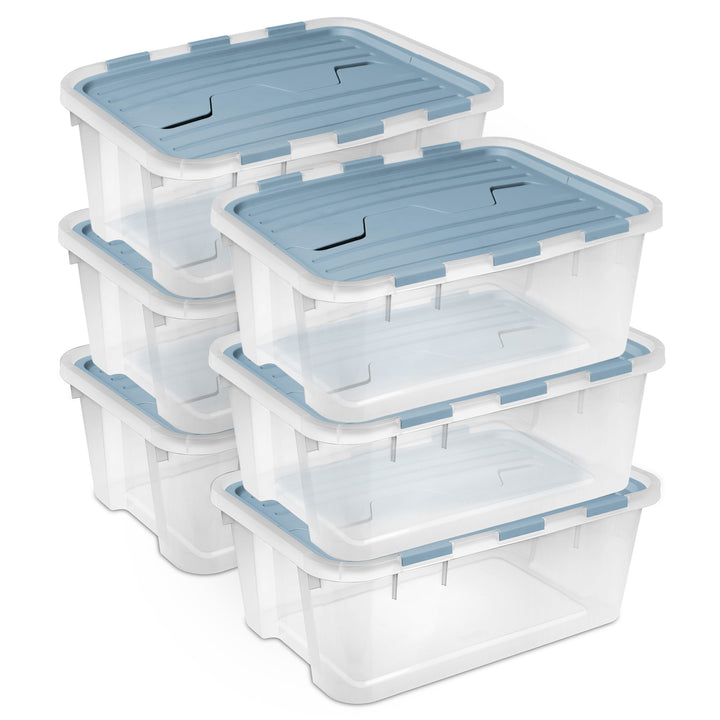 Sterilite 40 Qt Hinged Lid Storage Box, Plastic Container, Washed Blue, 6 Pack