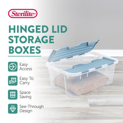 Sterilite 40 Qt Hinged Lid Storage Box, Plastic Container, Washed Blue, 6 Pack