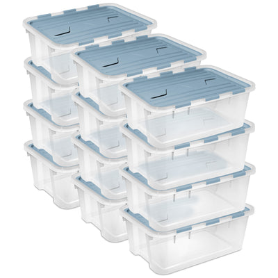 Sterilite 40 Qt Hinged Lid Storage Box, Plastic Container, Washed Blue, 12 Pack