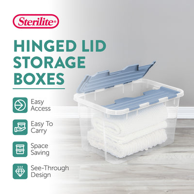 Sterilite 60 Qt Hinged Lid Storage Box, Plastic Container, Washed Blue, 6 Pack