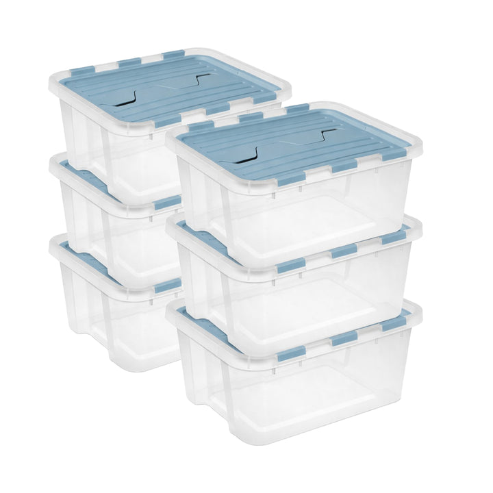 Sterilite 20 Qt Hinged Lid Storage Box, Plastic Container, Washed Blue, 6 Pack