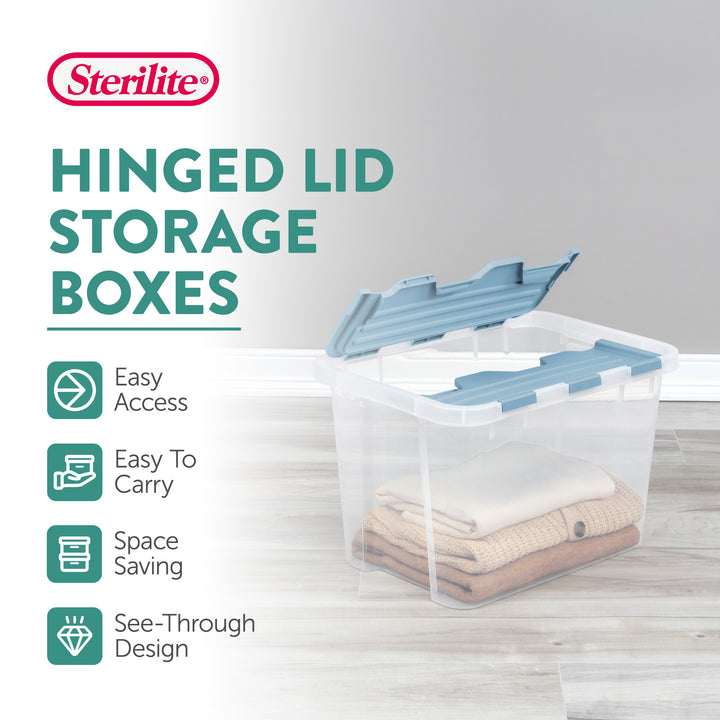 Sterilite 30 Qt Hinged Lid Storage Box, Plastic Container, Washed Blue, 6 Pack
