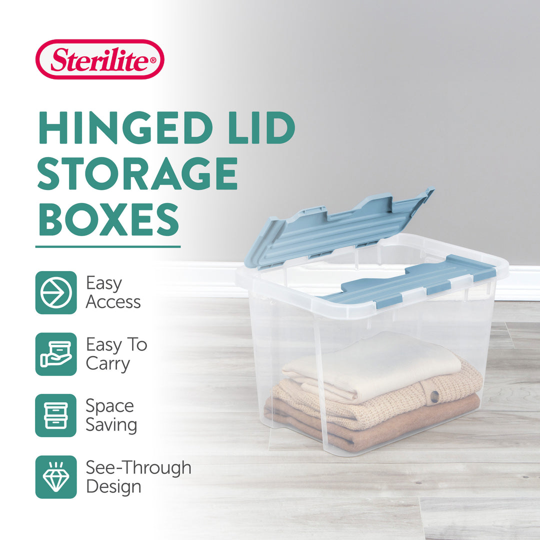 Sterilite 30 Qt Hinged Lid Storage Box, Plastic Container, Washed Blue, 24 Pack