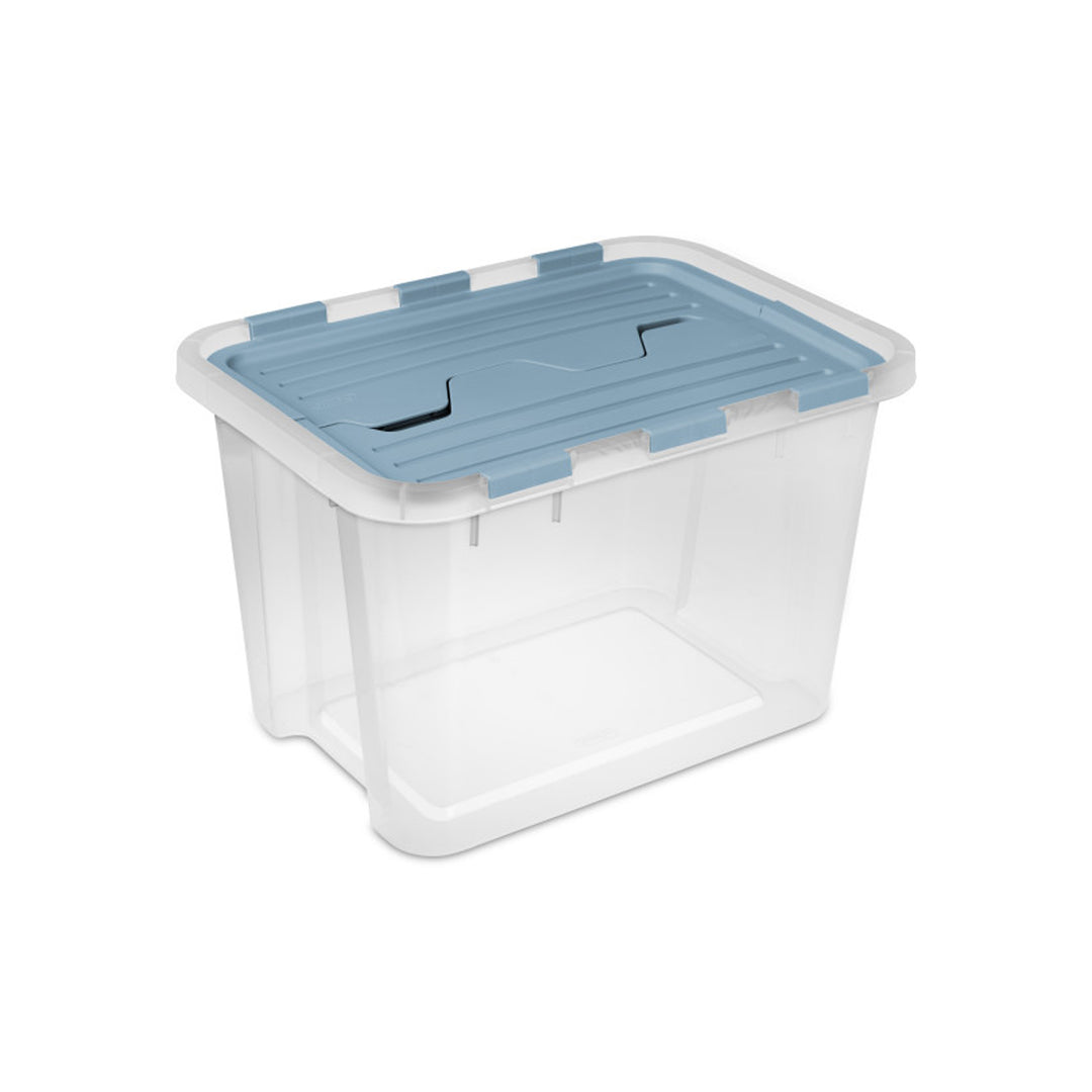 Sterilite 30 Qt Hinged Lid Storage Box, Plastic Container, Washed Blue, 24 Pack