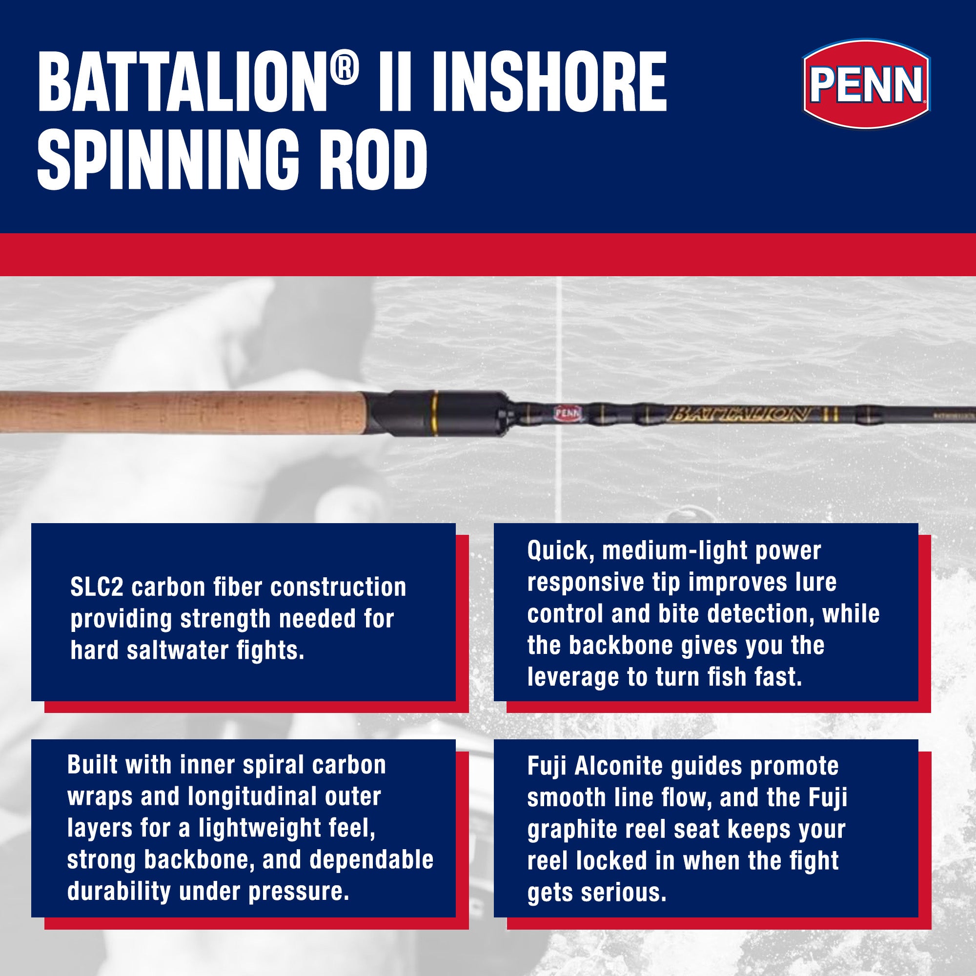 Penn Battalion II Inshore Spinning Rod 7'6" Medium-Light Power 1-Piece, Black - VMInnovations