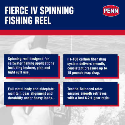 PENN Fierce IV Spinning Fishing Reel, 6.2:1 Gear Ratio, Size 3000, Black/Red