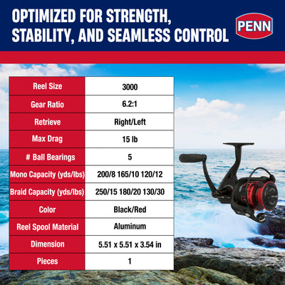 PENN Fierce IV Spinning Fishing Reel, 6.2:1 Gear Ratio, Size 3000, Black/Red