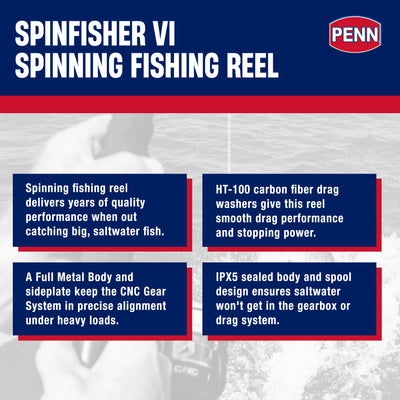 Penn Spinfisher VI Spinning Fishing Reel with 6 Bearings, Size 8500, Black/Gold - VMInnovations