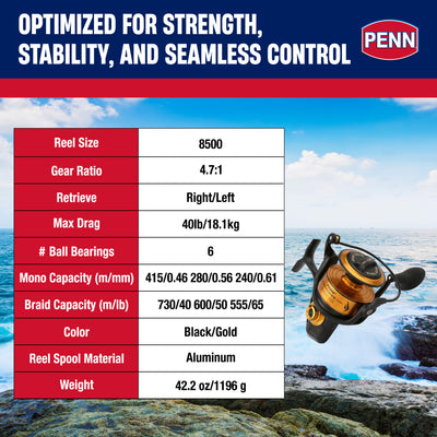 Penn Spinfisher VI Spinning Fishing Reel with 6 Bearings, Size 8500, Black/Gold - VMInnovations
