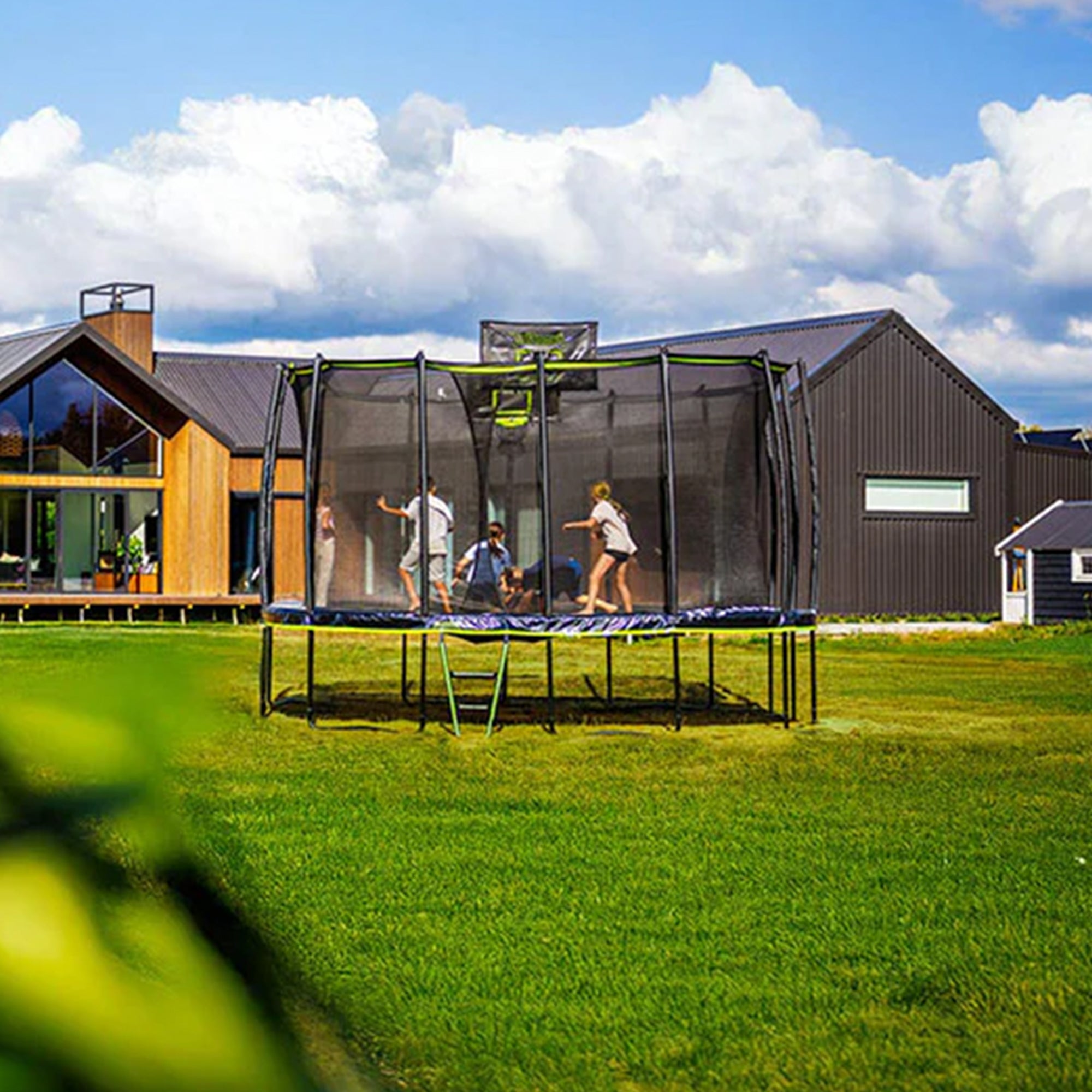 Jumpflex MEGA 14' Trampoline, Outdoor Playset with PROJAM Basketball Hoop, Black