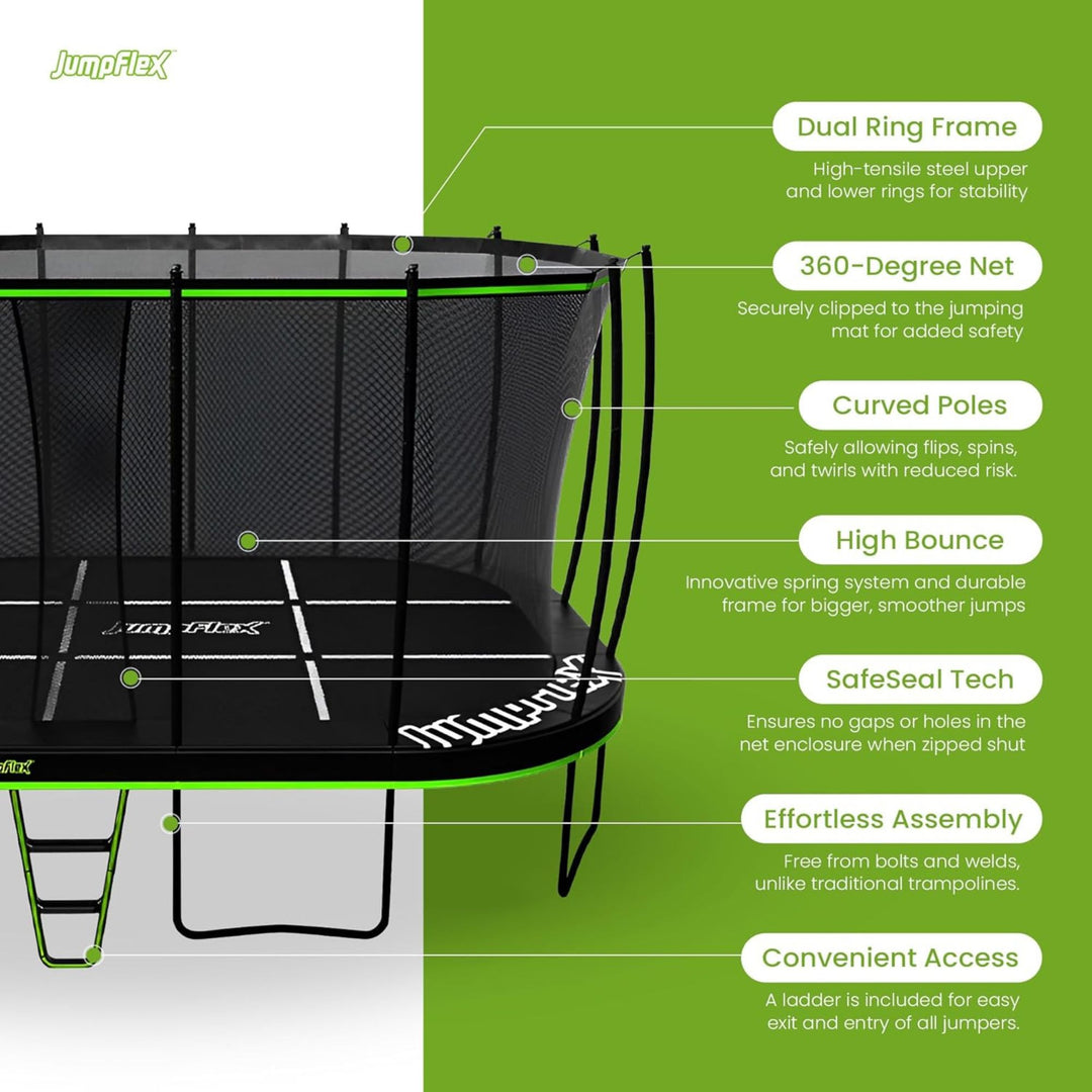 JumpFlex 17' Trampoline MEGA Outdoor Playset with Net and Ladder, Green/Black - VMInnovations