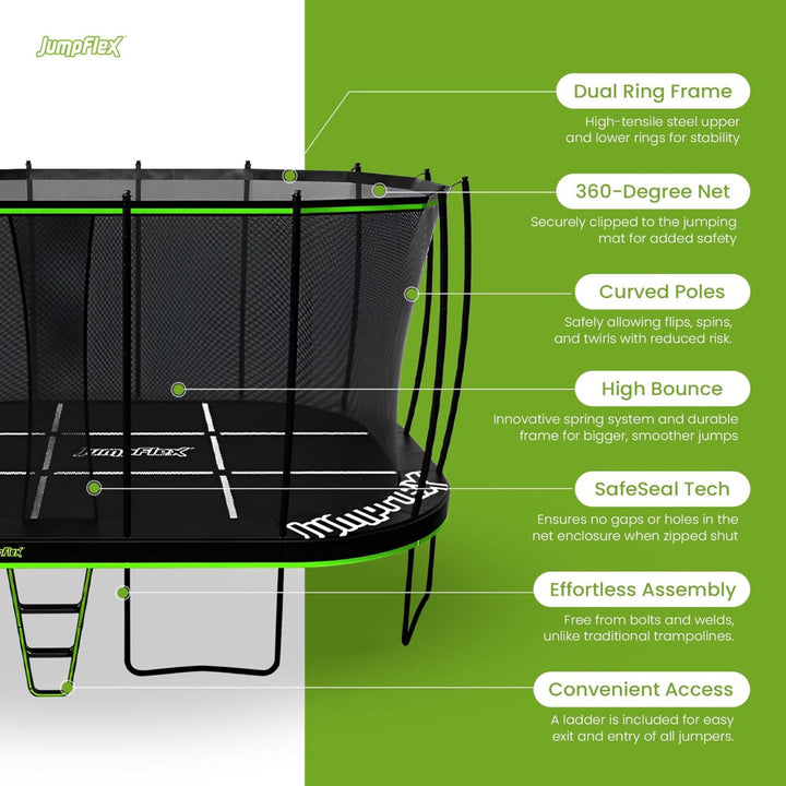 JumpFlex 17' Trampoline MEGA Outdoor Playset with Net and Ladder, Green/Black - VMInnovations