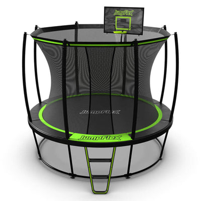 JumpFlex HERO 10' Trampoline w Basketball Hoop, Safety Enclosure, Net Attachment