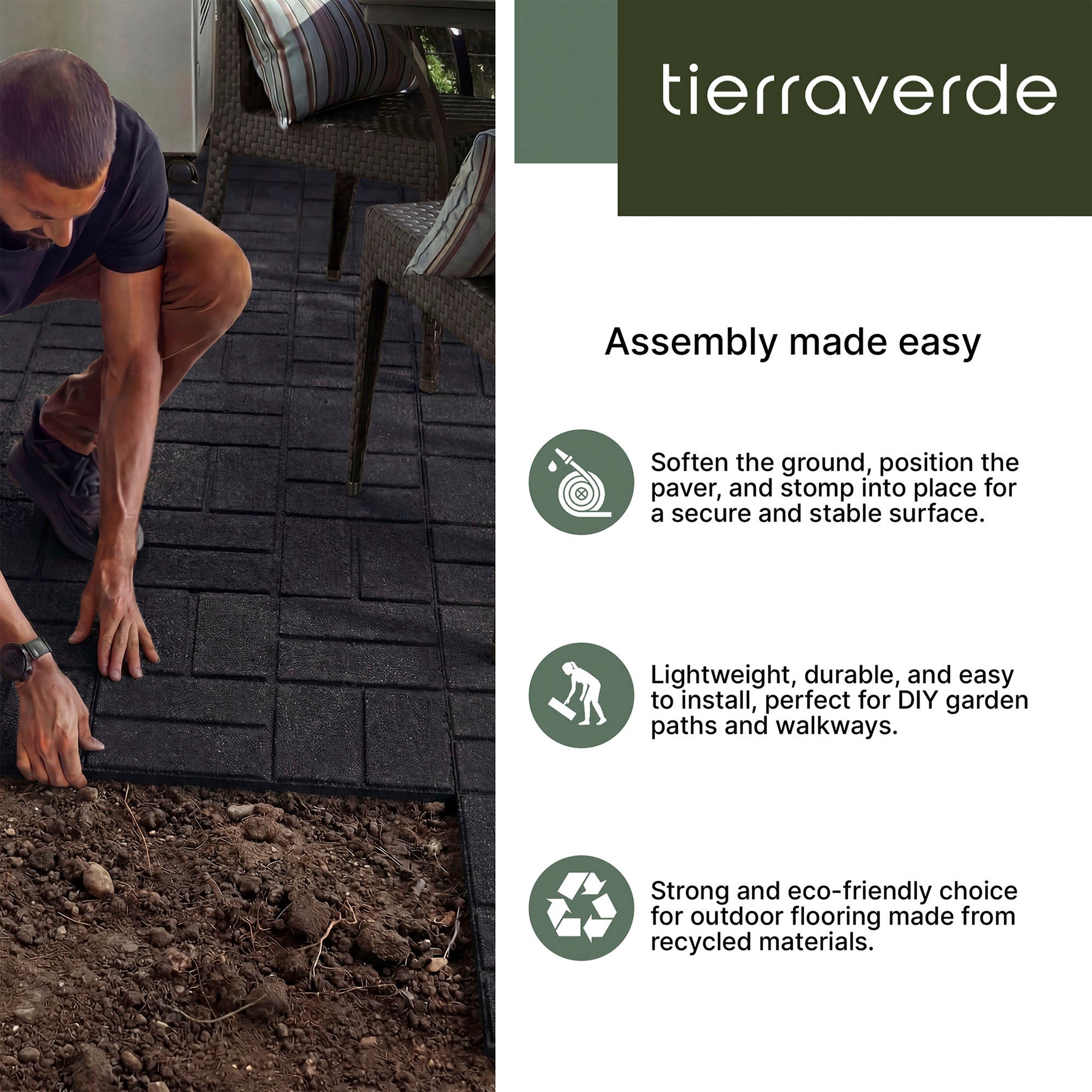 Tierra Verde 16" x 16" Brick Rubber Paver, Outdoor Floor Tiles, Black, 4 Pack - VMInnovations