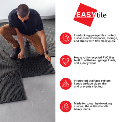 EasyTile 12 Pack Interlocking Modular Tiles with Drainage, 18x18 Inches, Black