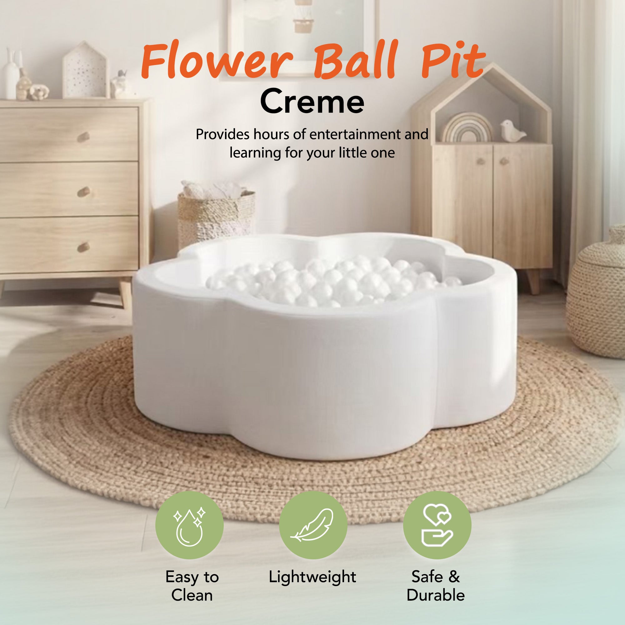 KIDKII Flower Ball Pit Velvet Indoor Play Toy for Toddlers, 200 Balls, Creme - VMInnovations