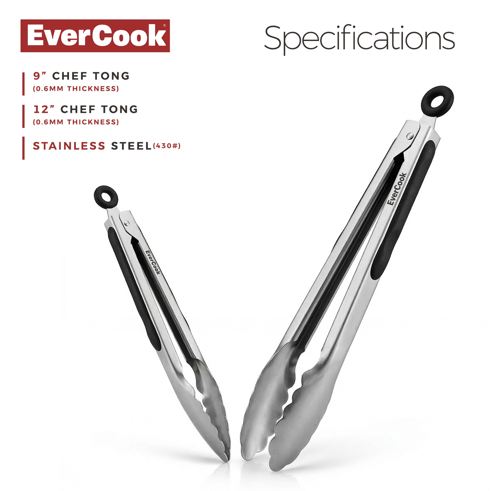 EverCook 2-Piece Stainless Steel Tong Set, 9” and 12” with Non-Slip TPR Grip - VMInnovations