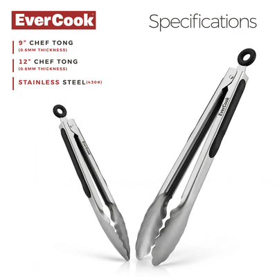 EverCook 2-Piece Stainless Steel Tong Set, 9” and 12” with Non-Slip TPR Grip - VMInnovations