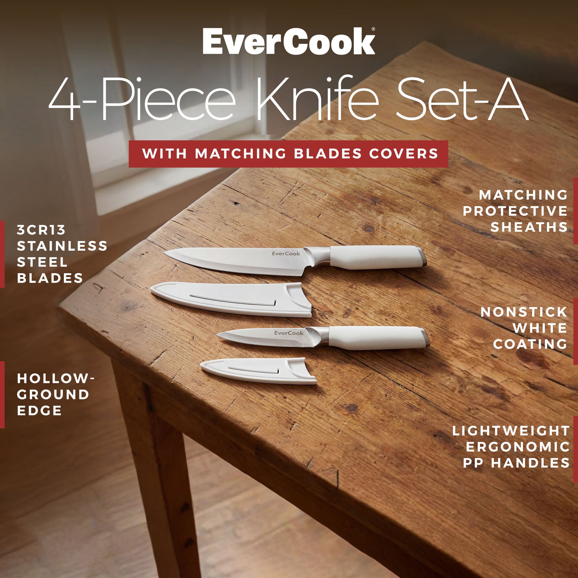 EverCook 4-Piece Knife Set A with Blade Sheaths, Stainless Steel Cutlery, White - VMInnovations