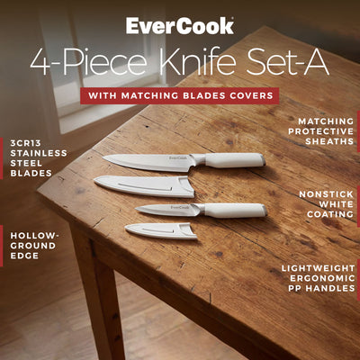 EverCook 4-Piece Knife Set A with Blade Sheaths, Stainless Steel Cutlery, White - VMInnovations