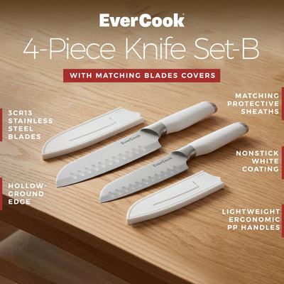 EverCook 4-Piece Knife Set with Blade Sheaths, Stainless Steel Cutlery, White