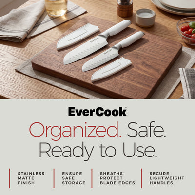 EverCook 4-Piece Knife Set with Blade Sheaths, Stainless Steel Cutlery, White