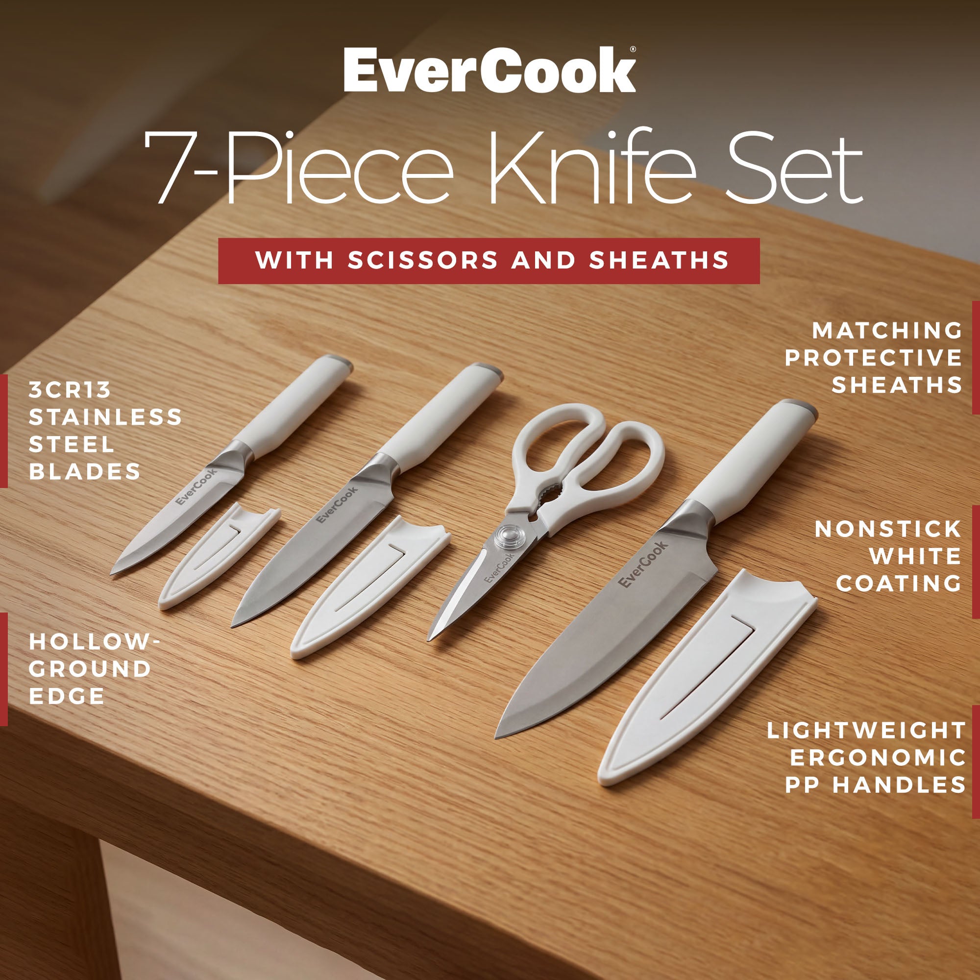 EverCook 7-Piece Knife Set A with Sheaths and Scissors, Stainless Steel Cutlery - VMInnovations