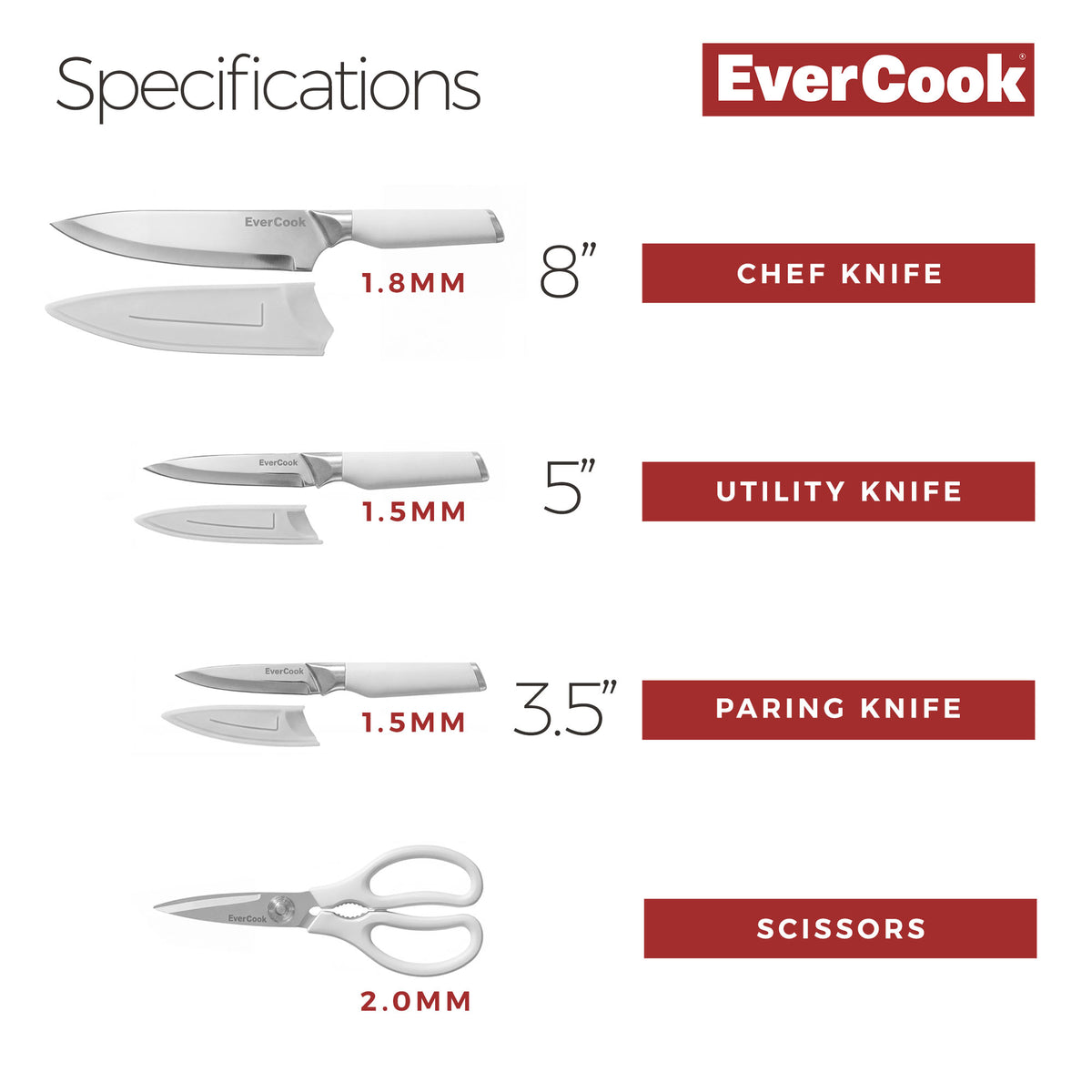 EverCook 7-Piece Knife Set with Sheaths and Scissors, Stainless Steel Cutlery (Open Box)