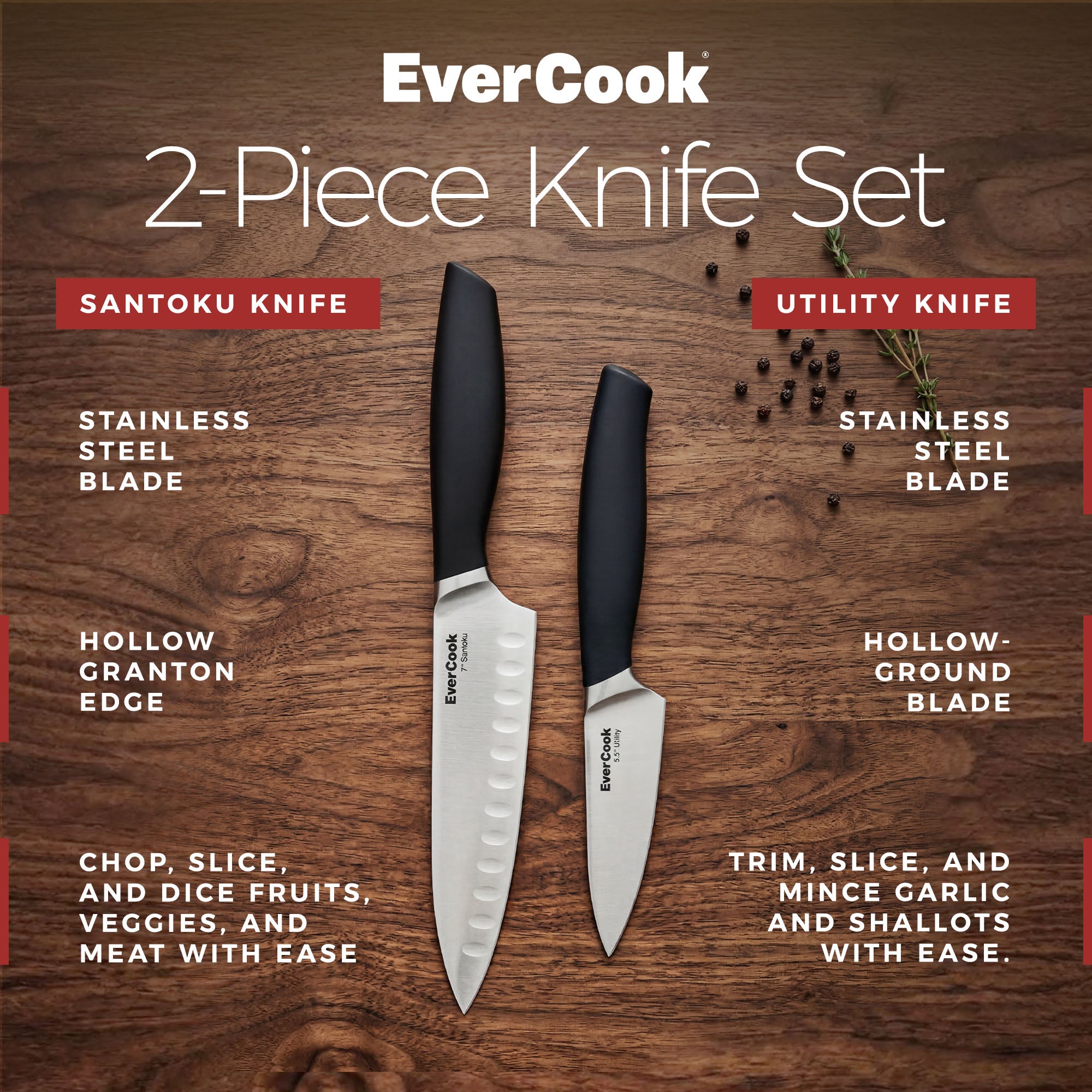 EverCook 7” Santoku Knife and 5.5” Utility Knife Set, Stainless Steel Cutlery - VMInnovations