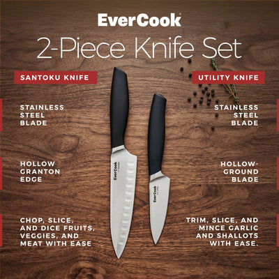 EverCook 7” Santoku Knife and 5.5” Utility Knife Set, Stainless Steel Cutlery - VMInnovations
