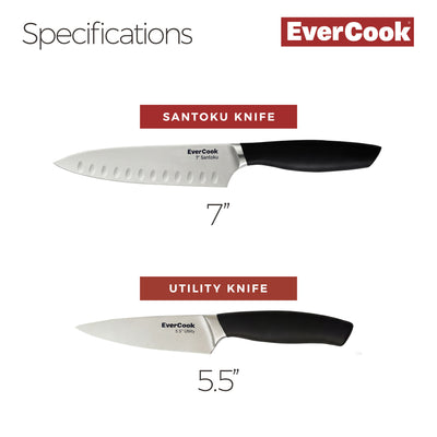 EverCook 7” Santoku Knife and 5.5” Utility Knife Set, Stainless Steel Cutlery - VMInnovations