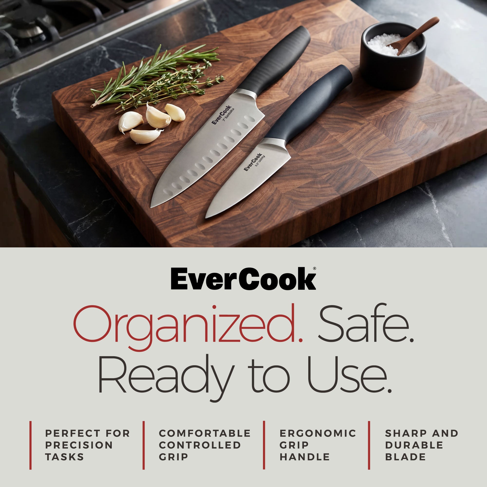 EverCook 7” Santoku Knife and 5.5” Utility Knife Set, Stainless Steel Cutlery - VMInnovations