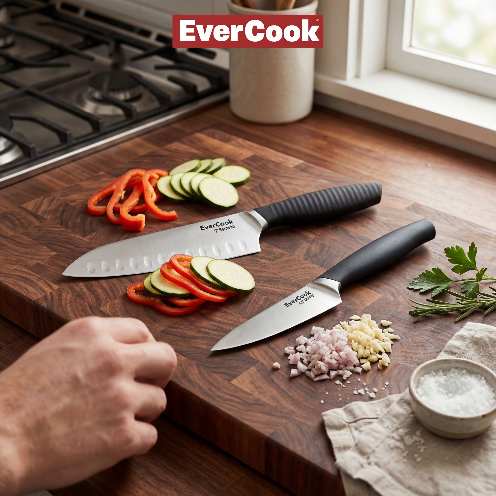 EverCook 7” Santoku Knife and 5.5” Utility Knife Set, Stainless Steel Cutlery - VMInnovations