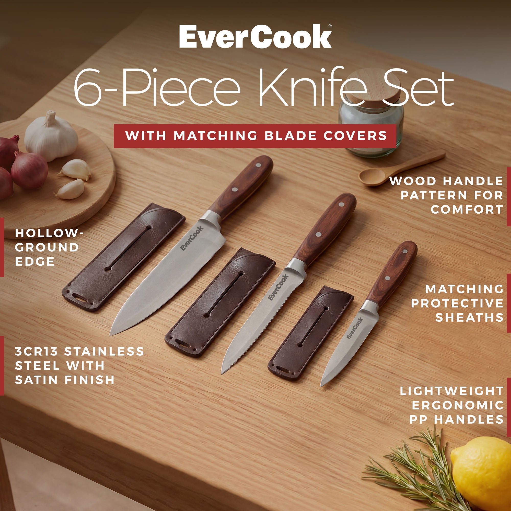 EverCook 6-Piece Kitchen Knife Set with Blade Sheaths, 1.5/2 mm Stainless Steel - VMInnovations