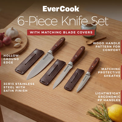 EverCook 6-Piece Kitchen Knife Set with Blade Sheaths, 1.5/2 mm Stainless Steel - VMInnovations