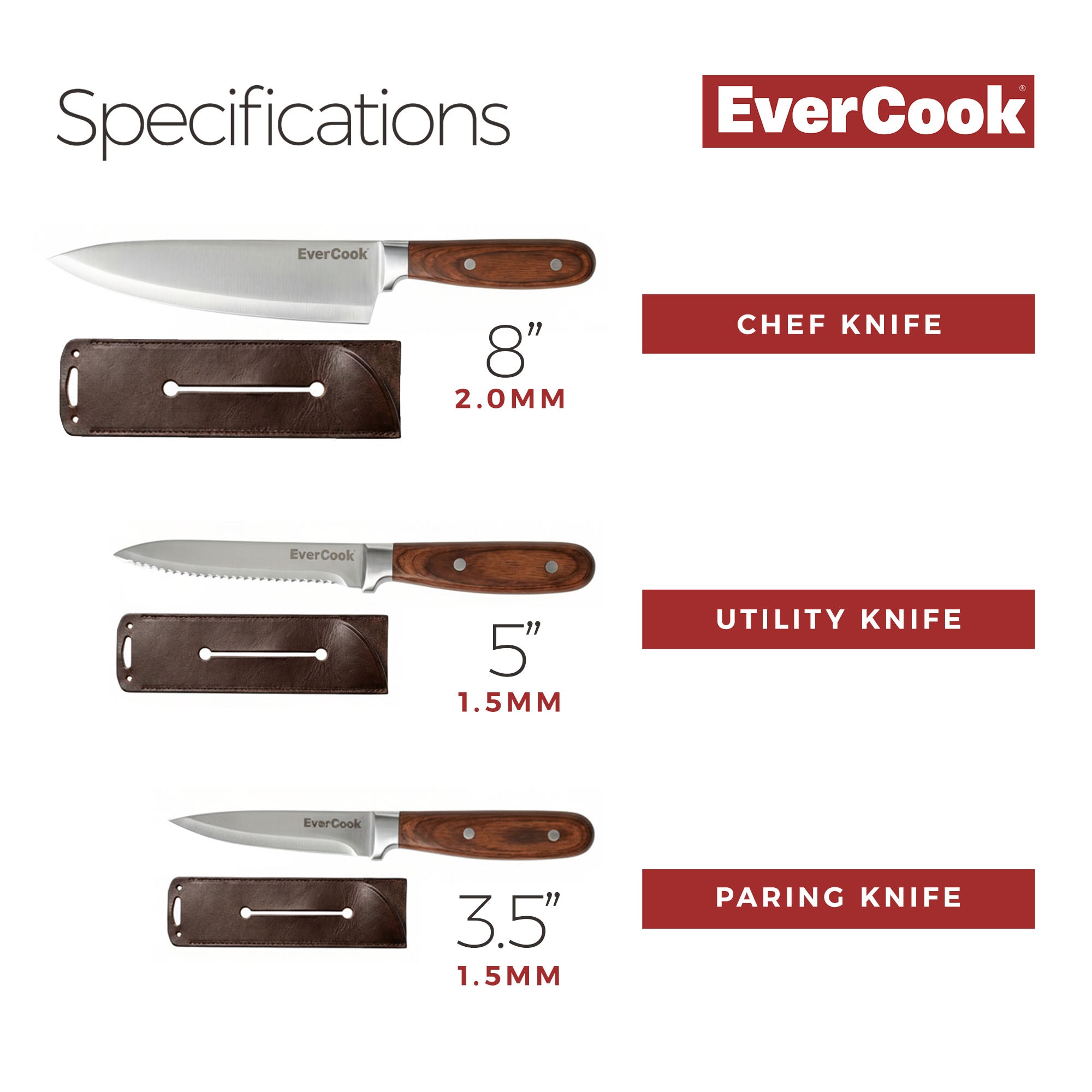 EverCook 6-Piece Kitchen Knife Set with Blade Sheaths, 1.5/2 mm Stainless Steel - VMInnovations