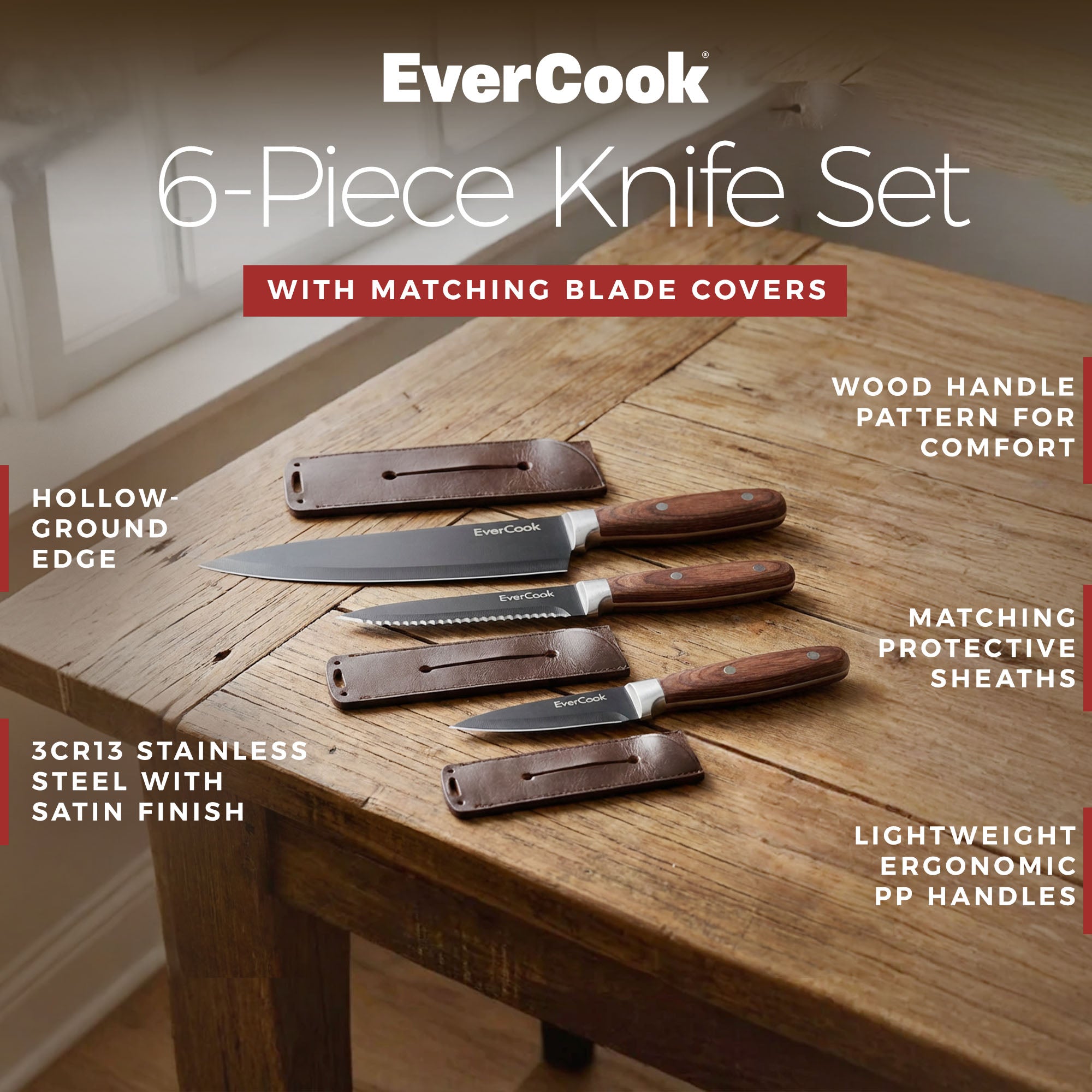 EverCook 6Pc Kitchen Knife Set w/ Blade Sheaths, 1.5/2 mm Black Stainless Steel