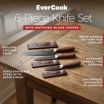 EverCook 6Pc Kitchen Knife Set w/ Blade Sheaths, 1.5/2 mm Black Stainless Steel