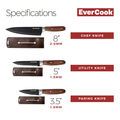 EverCook 6Pc Kitchen Knife Set w/ Blade Sheaths, 1.5/2 mm Black Stainless Steel