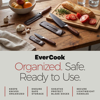 EverCook 6Pc Kitchen Knife Set w/ Blade Sheaths, 1.5/2 mm Black Stainless Steel