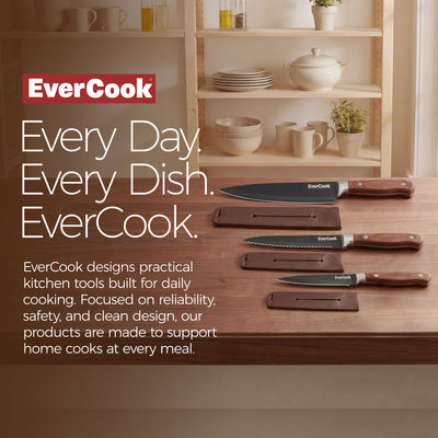 EverCook 6Pc Kitchen Knife Set w/ Blade Sheaths, 1.5/2 mm Black Stainless Steel