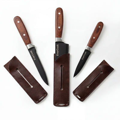 EverCook 6Pc Kitchen Knife Set w/ Blade Sheaths, 1.5/2 mm Black Stainless Steel