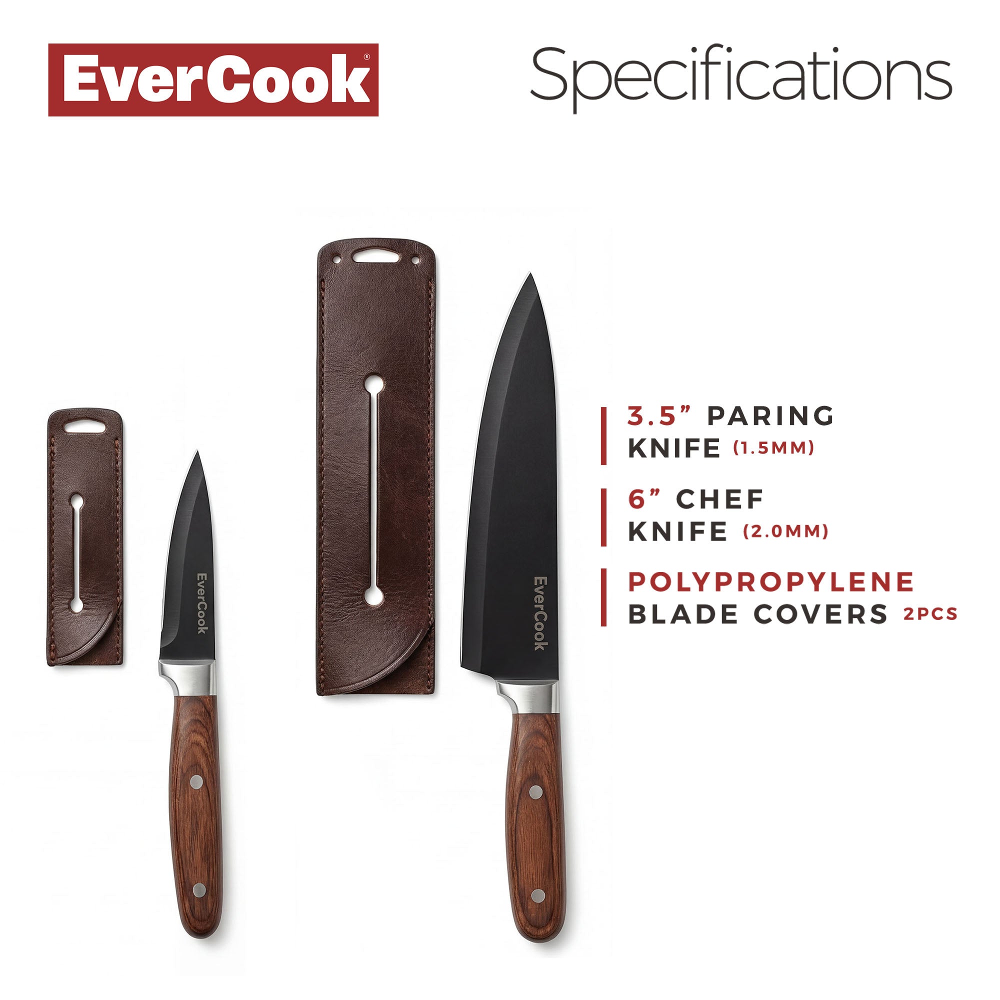 EverCook 4Pc Kitchen Knife Set w/ Blade Sheaths, 1.5/2 mm Black Stainless Steel - VMInnovations