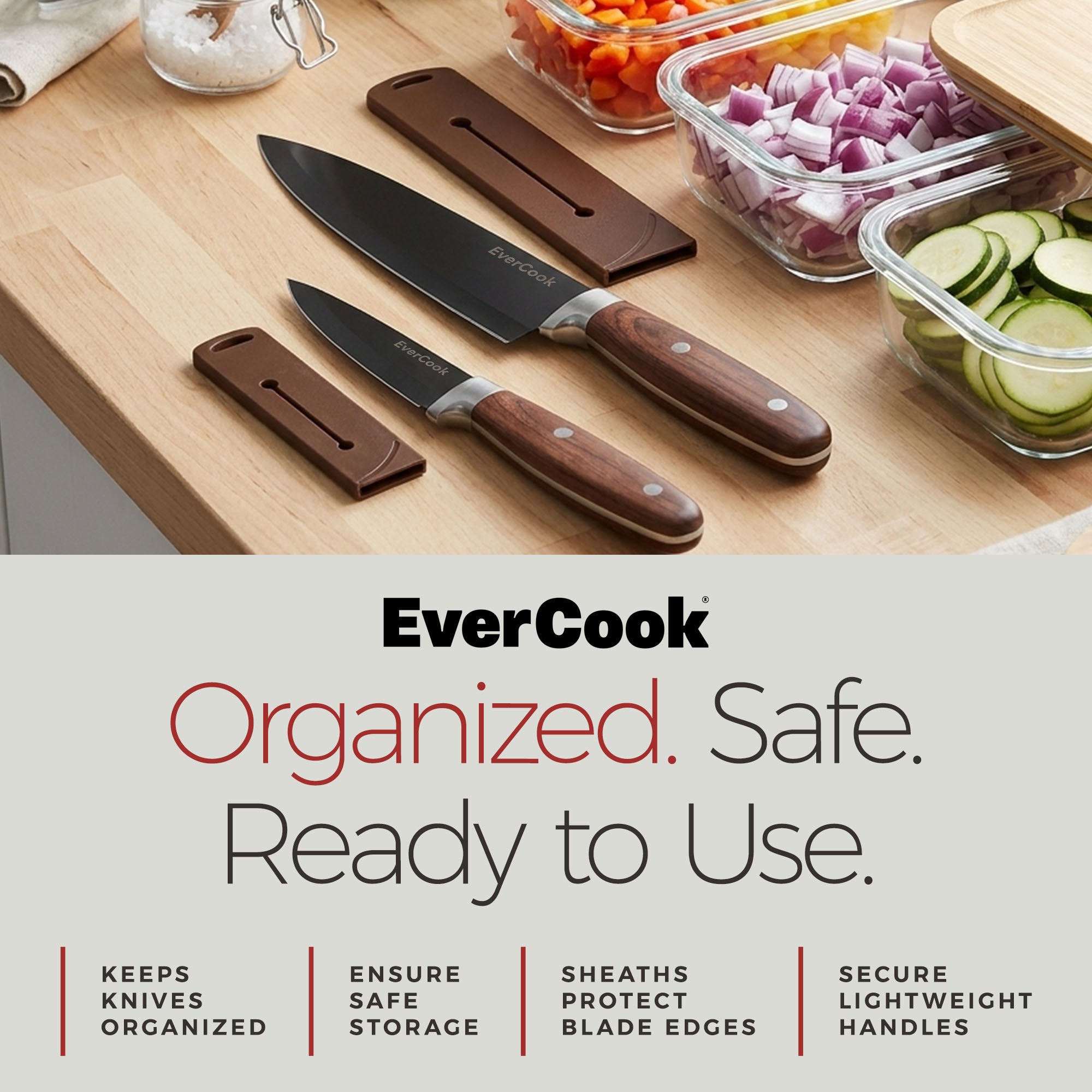 EverCook 4Pc Kitchen Knife Set w/ Blade Sheaths, 1.5/2 mm Black Stainless Steel - VMInnovations