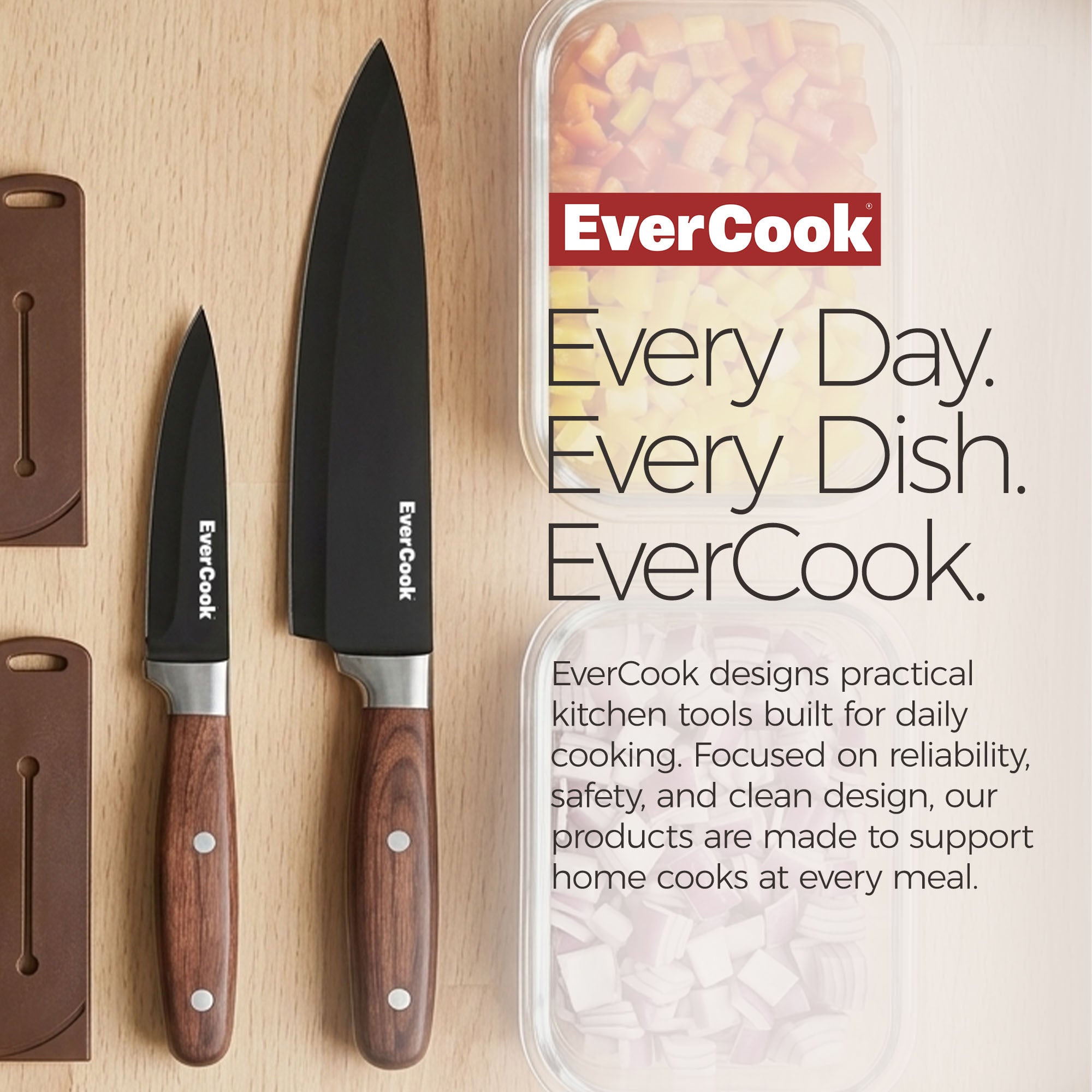 EverCook 4Pc Kitchen Knife Set w/ Blade Sheaths, 1.5/2 mm Black Stainless Steel - VMInnovations