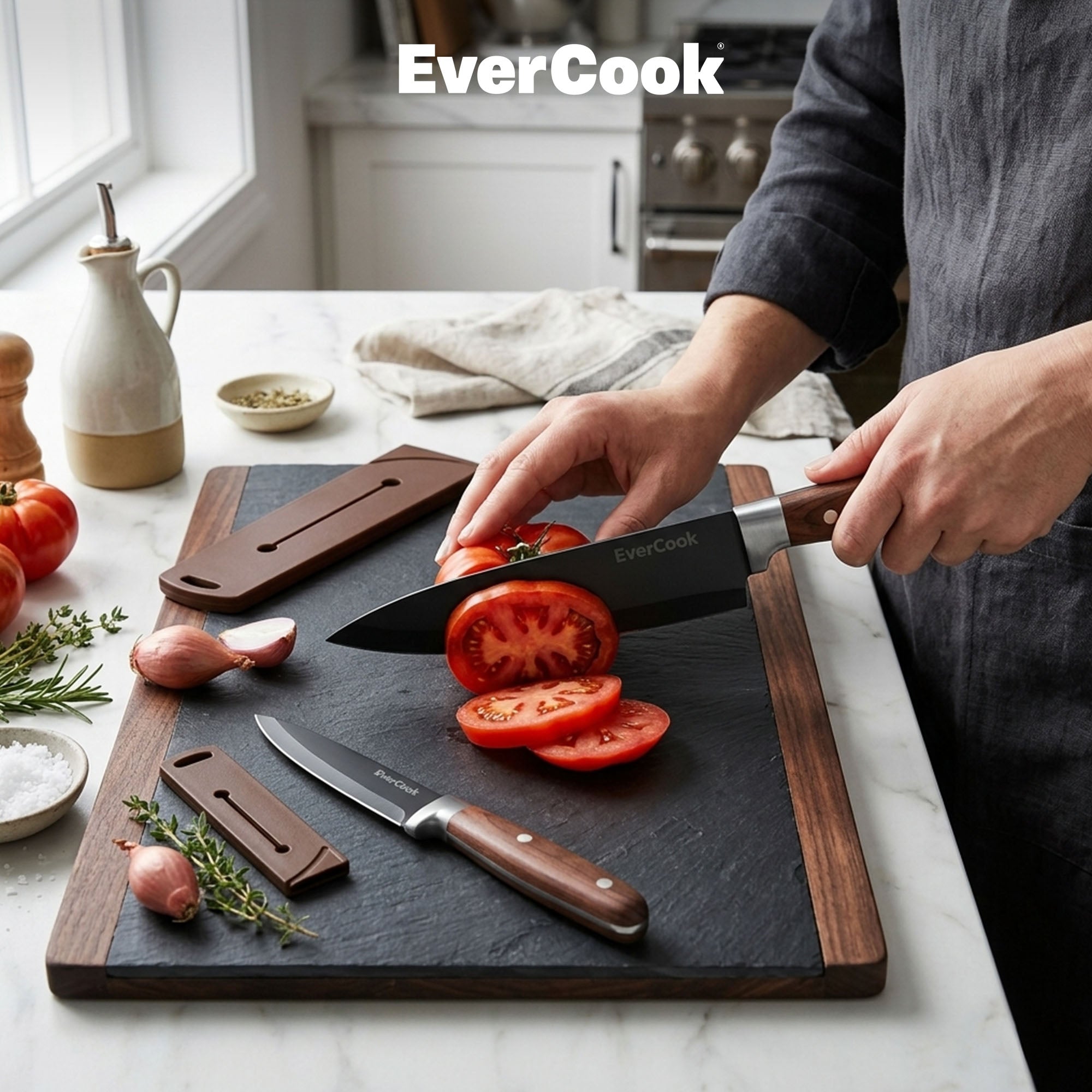 EverCook 4Pc Kitchen Knife Set w/ Blade Sheaths, 1.5/2 mm Black Stainless Steel - VMInnovations