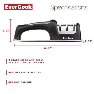 EverCook Precision Knife Sharpener for Kitchen Knives, 3-Stage Diamond Wheels - VMInnovations