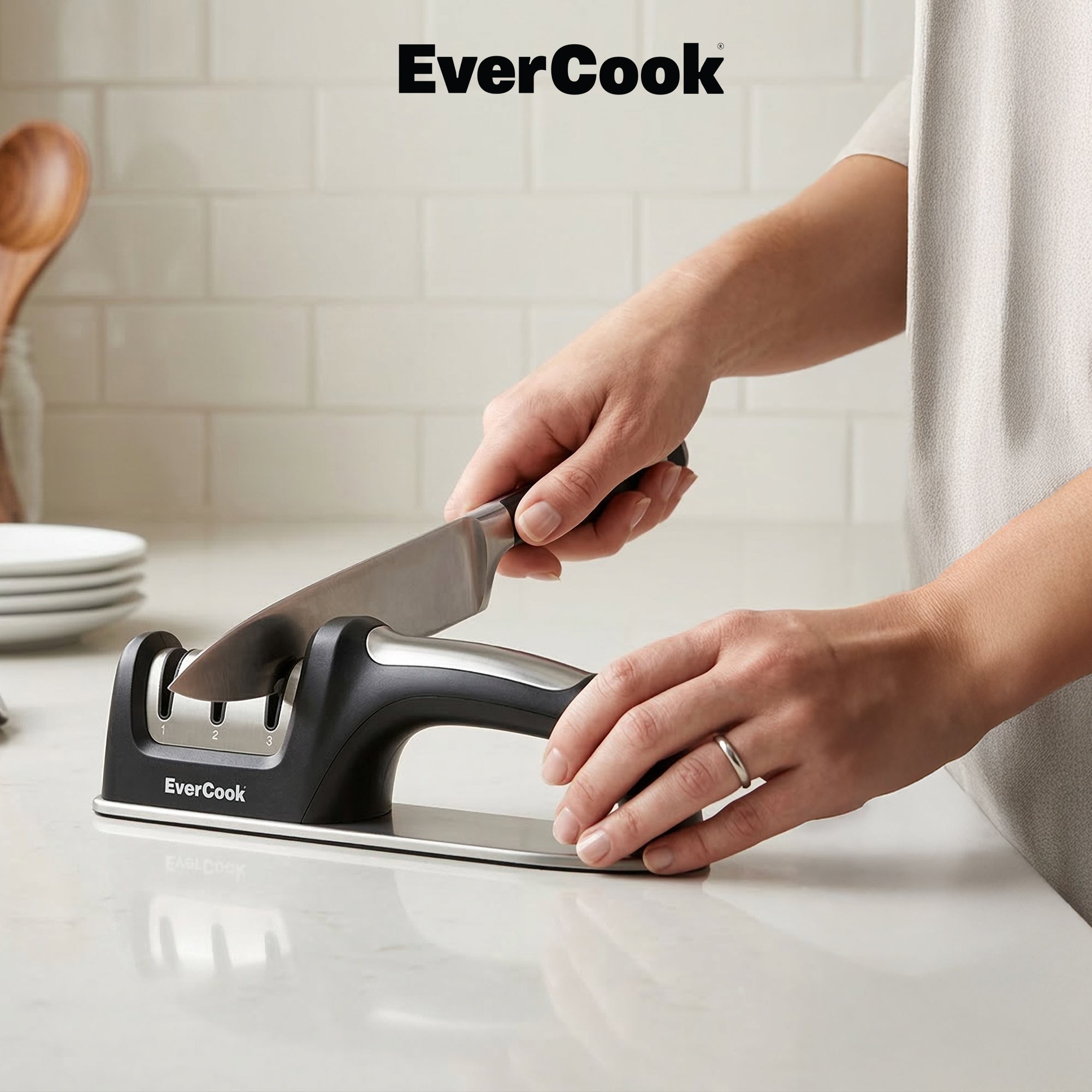 EverCook Precision Knife Sharpener for Kitchen Knives, 3-Stage Diamond Wheels - VMInnovations