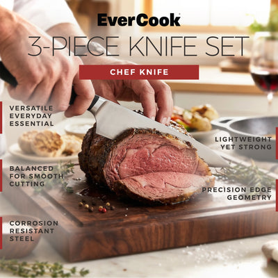 EverCook 3-Piece 8-Inch Chef Knife Set, Stainless Steel Blades, Black/Silver - VMInnovations