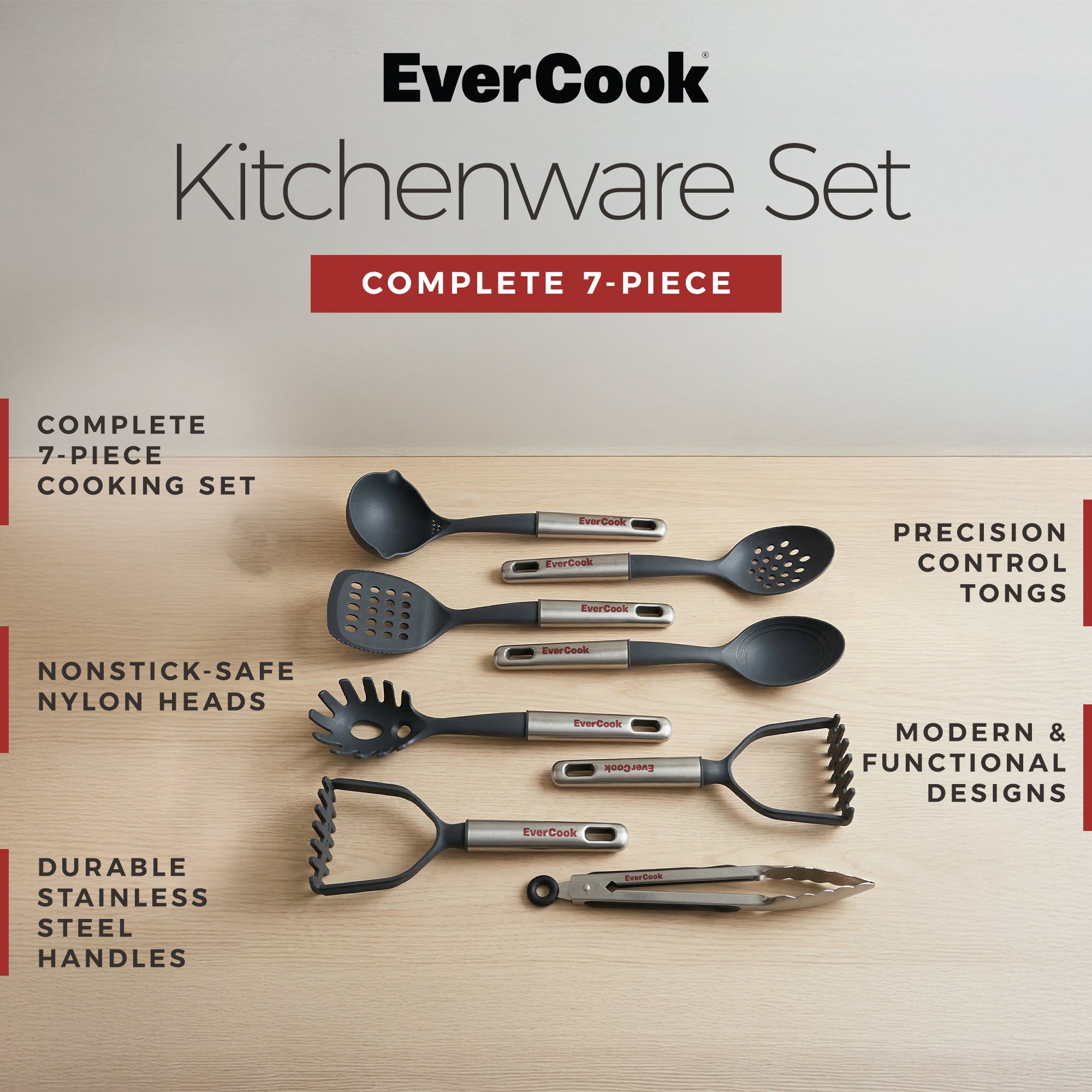 EverCook 7-Piece Kitchen Utensil Set with Stainless Steel Handles, Black/Silver